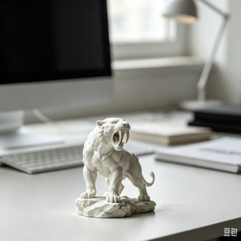 3D Printing Tooth - 3D-geprinte plastic sabeltandtijgerfiguur, brullende primitieve beestensculptuur